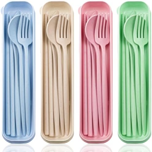 ELANE 4 Sets Reusable Travel Utensils Set with Case,Camping Cutlery Set Reusable Cutlery Set with Case,Utensil Sets for Lunch Picnic Daily Use Outdoor by ELANE