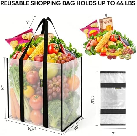 BALEINE 2 PK Grocery Bags Reusable Shopping Bags with Reinforced Bottom, Heavy Duty Foldable Tote Bags (Transparent) - Image 2