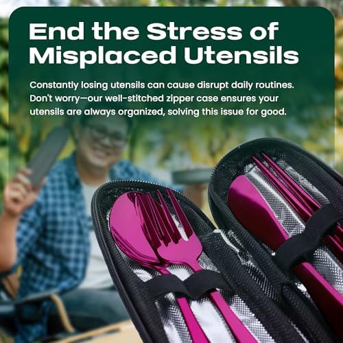 Taplord Portable Travel Silverware Set With Case, Includes 5 Pcs of Travel Utensils With Case, Stainless Steel Flatware Set For Camping, Easy to Travel, Lightweight (Purple), Medium, TL-05P - Image 4