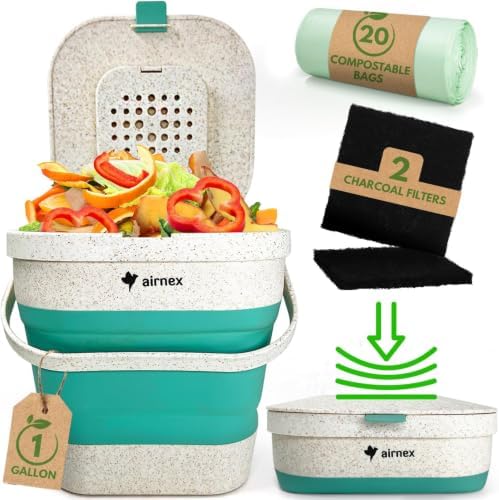 AIRNEX Collapsible Small Compost Bin with Lid - 1 Gallon Compost Bucket Food Waste Caddy Made of Wheat Straw - Odorless Counter Top Compost Bin for Kitchen with 20 Compost Bags and 2 Carbon Filters by Airnex