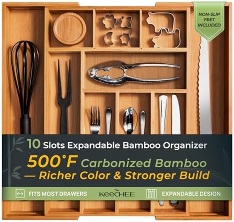 keechee Carbonized Bamboo Kitchen Drawer Organizer, 10 Slots Expandable Silverware Organizer, Utensil Holder & Cutlery Tray, 2.2" Deep for Extra Capacity, Non-Slip Feet Included by Keechee