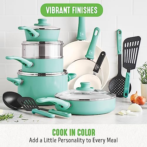 GreenLife Soft Grip Healthy Ceramic Nonstick, 15 Piece Cookware Pots and Pans Set, Induction, PFAS-Free, Dishwasher Safe, Turquoise - Image 5