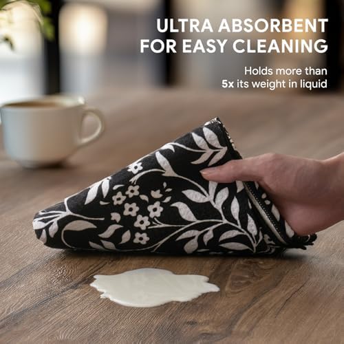 RECYCO Waffle Kitchen Towel Set of 2 - Quick Dry Microfiber Sustainable Dish Towels - Ultra Absorbent Reusable Cleaning Tea Towels - Lightweight Hand Towels,16”x 28”, Black & White Florals - Image 3