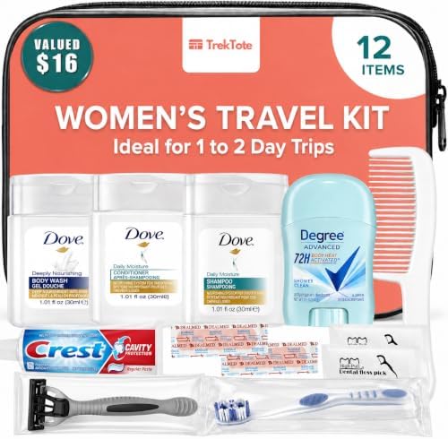 12-Piece Womens Travel Toiletry Kit – Premium Brand-Name Travel Toiletries by TrekTote