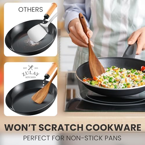 Zulay Kitchen Teak Wood Utensil Set – 7 Piece Wooden Cooking Utensils – Slotted Spoon, Bowl Scraper, Solid & Slotted Turner, Salad Spoon, Fork & Tongs – Durable, Nonstick Safe & Smooth Finish - Image 7