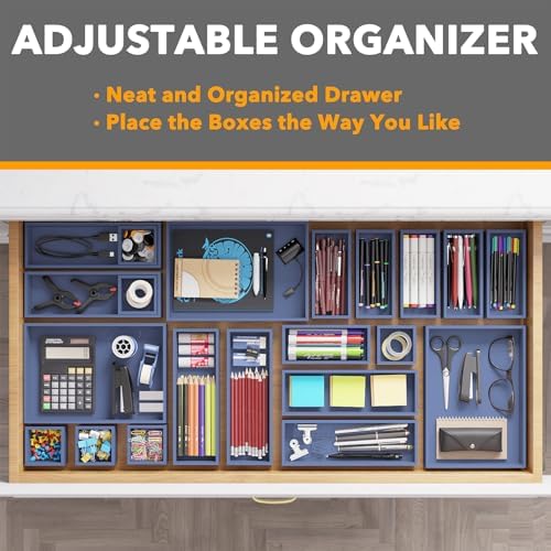 SpaceAid 21-Piece Bamboo Drawer Organizer Storage Boxes Set, Wood Tray Junk Drawer Organizers Multi-Use Divider Bins for Kitchen, Bathroom, Office Desk and Makeup Organization (21 Pack, Navy Blue) - Image 5