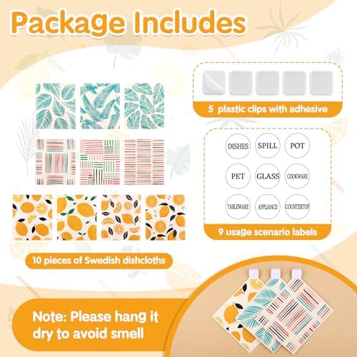 Lucomb 10 Pack Swedish Dishcloths Washable, Reusable Swedish Cloths Biodegradable Kitchen Towels with Hanging Clips, Cellulose Cotton Blend, Lemon Prints - Image 3