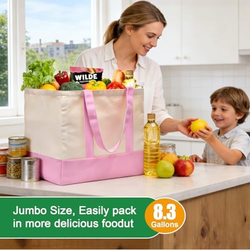 1-Pack Heavy Duty Canvas Reusable Grocery Bags, 8.3 Gal Foldable Large Tote with Handles, Washable Eco-friendly Bags with 5 Pockets, (Pink/Beige) - Image 2