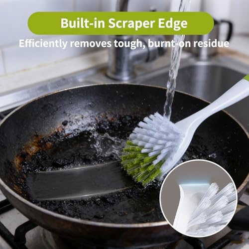 Dish Brush Scrub Brush with Handle - 3 Pack Stiff Bristles Dish Scrubber for Cleaning Dishes, Pots, Pans, Sink, Cast Iron - Hard Bristles,No Residue (Yellow-Green, Gray, Light Blue) - Image 6