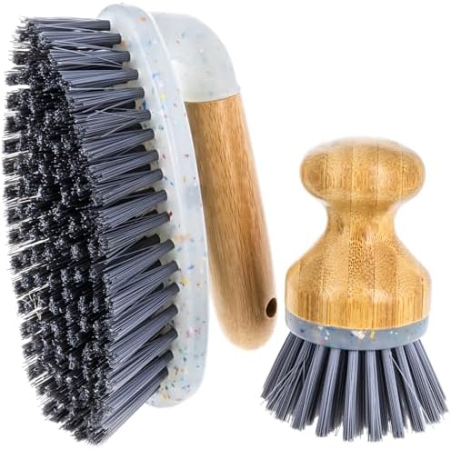 Beille 2pc Dish Brush and Scrub Brush Set with Bamboo Handles and Heavy Duty Bristles Household Essentials by BEILLE