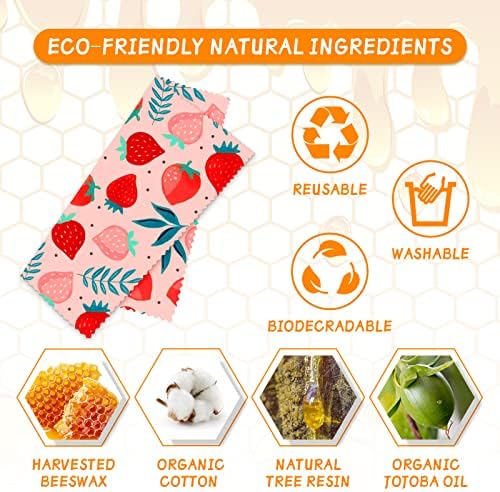 Reusable Beeswax Wrap - 9 Pack Eco-Friendly Beeswax Wraps For Food, Organic, Sustainable, Biodegradable, Zero Waste, Plastic-Free Food Storage, 1L Strawberry, 3M Orange, 5S Lemon Patterns - Image 2