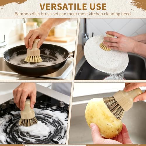 4 Pack Bamboo Dish Brush Set, Natural Palm Dish Scrubber for Pots and Vegetables, Sisal Bristle Bamboo Scrub Brush for Cleaning Dishes and Pans - Image 6