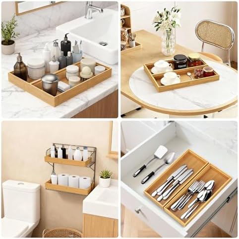 Bamboo Drawer Organizer, Stackable Utensil Trays for Kitchen, Wood Silverware Organizer for Drawer, Set of 2-15"x6"x2" - Image 3