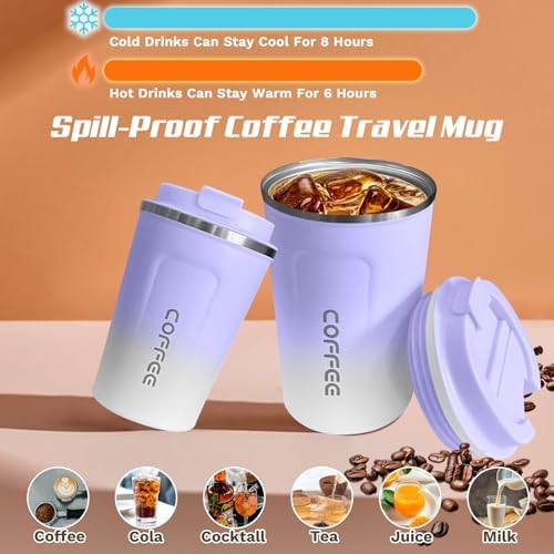 SPLMIFA Travel Coffee Mugs Leak-Proof, Reusable Coffee Cup with Lids, Stainless Steel Vacuum Insulated Coffee Tumblers, Thermal Insulation Cup for Men & Women Hot & Cold Drinks(2nd-Purple White, 17OZ) - Image 2