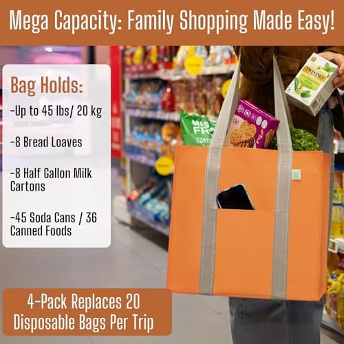 VENO 4 Pack Large Autumn Reusable Grocery Shopping Bags with Hard Bottom - Image 4