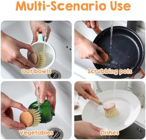 11 Pcs Bamboo Dish Brush Set, Multifunctional Bamboo Dishwashing Scrub Brush with Natural Sisal Bristles, Wooden Handle Dish Brush with Replacement Heads for Cleaning Pots Dishes Pans Vegetables - Image 7
