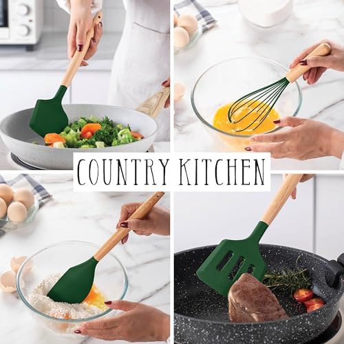 Country Kitchen Non Stick Silicone Utensil Set with Rounded Wood Handles for Cooking and Baking, 38 Piece Set, Green - Image 5