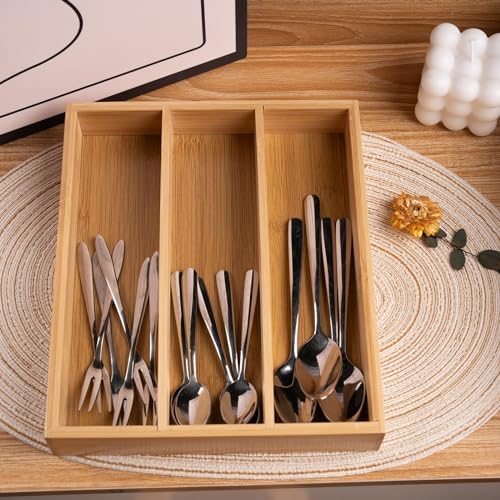 Fibogollo Bamboo Silverware Organizer with 3 Slots for Kitchen(Natural) - Image 5
