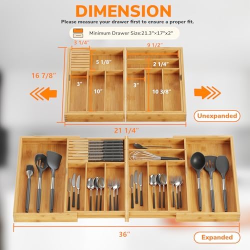 BAMEOS Expandable Silverware Drawer Organizer with Removable Knife Blocks, Bamboo Kitchen Utensil Holder from 21" to 36", Large Cutlery Tray with Divider for Forks, Spoons, Knives - Image 2