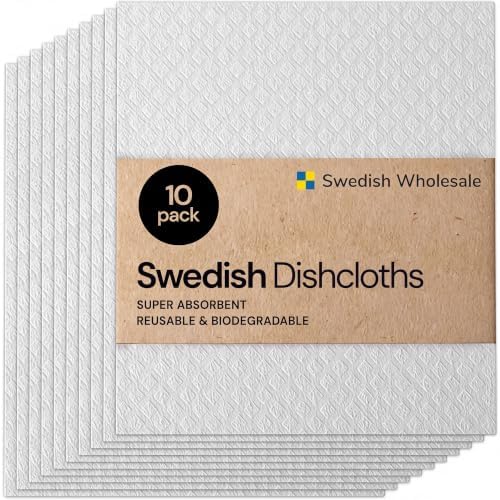 Swedish Wholesale Dishcloths Reusable 8" x 7" Sponge Cloths, Bulk 10 Pack of High Absorbent Cellulose Dish & Kitchen Cleaning Hand Towels, Wring to Dry & Machine Wash, Odor Resistant, White by SwedishWholesale