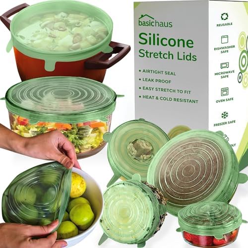 Reusable Silicone Stretch Lids for Food Storage in Fridge - Elastic Heat-Resistant Bowl Covers, Cups, Cans, Jars - Universal Food Grade Lid for Containers - 7 Pack - Light Green Stretchy Lid Set by BasicHaus