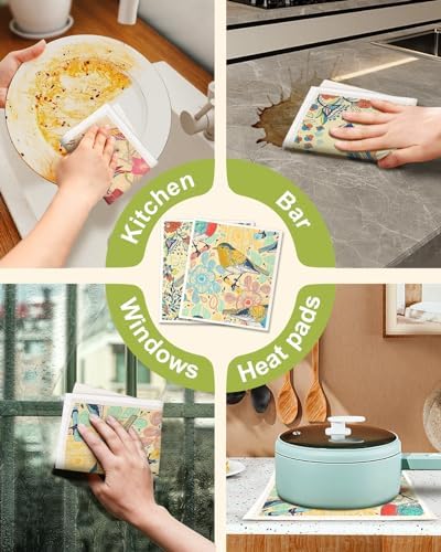 Miss Adola Swedish Dishcloths for Kitchen - 5 Pack Reusable Dish Cloths for Washing Dishes Absorbent Cute Funny Kitchen Towels Cleaning Sponge, Flower Bird - Image 6
