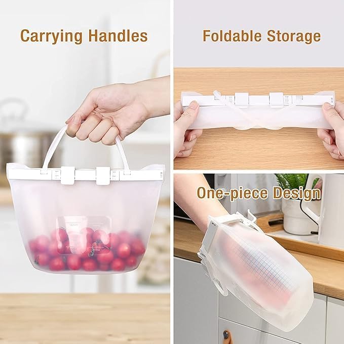 Reusable Silicone Leakproof Food Storage SnapBags Airtight Odorless Bag Stand-Up Bags Flat Bottom Reusable Ziplock Freezer Bag, Dishwasher Safe Bags Reusable Sous Vide Bags