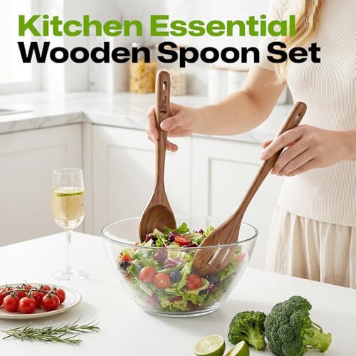AIUHI Wooden Utensils Set of 6, Teak Wood Kitchen Utensils Set for Non-stick Cookware, Non-Toxic Wooden Spoons for Cooking-Durable, Comfortable Grip & Heat Resistant - Image 6