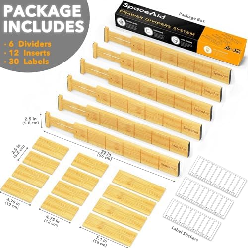 SpaceAid Bamboo Drawer Dividers with Inserts and Labels, Kitchen Adjustable Drawer Organizers, Expandable Organization for Home, Office, Dressers and Bathroom, 6 Dividers with 12 Inserts (17-22 in) - Image 4