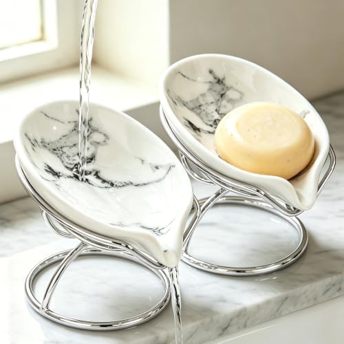 Dobbyby Leaf-Shaped Soap Dish – Ceramic Soap Bar Holder with Self-Drainage System – Bar Soap Holder for Shower, Bathroom Sink, Kitchen – Soap Dish with Stainless Steel Stand (White-Sliver-2 Pack) by Dobbyby