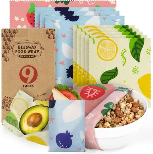 Akeeko Reusable Beeswax Food Wraps - Assorted 9 Packs, Reusable, Plastic-Free Food Storage, 4 Small, 3 Medium, 2 Large Wraps with Assorted Fruits Pattern by Akeeko