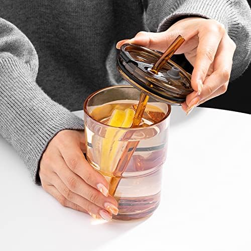 BLUEPOLAR 13 oz Tumbler Water Glass, Water Bottle with Straw and Dustproof Lid, Coffee Ice Cup Double Wall Insulated Glass Cup (Amber-4pack) - Image 5