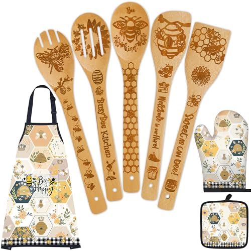 Bee Gifts for Women,8pcs Kitchen Utensils Set with Apron Oven Mitt Pot Holder - Unique Bee Bamboo Wooden Cooking Spoons Set,House Warming,Easter,Birthday by DudjotcHome