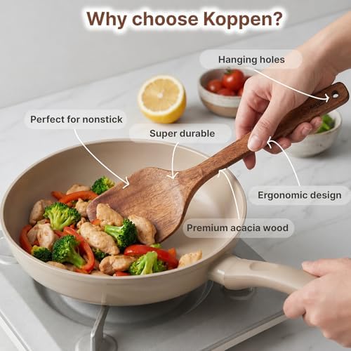Koppen Dishwasher Safe Acacia Wood Kitchen Utensils Set, 5 Pcs Wooden Utensil Set for Nonstick Cookware, Non Toxic Cooking Spatula, Resist Water Absorption & Crack Resistant, Long-Lasting - Image 5