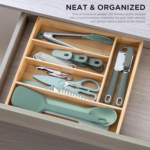 COOK WITH COLOR Bamboo Kitchen Utensil Set with Drawer Organizer | Cooking Tools and Storage Caddy, Sage, 18 Piece Gadget Set - Image 4