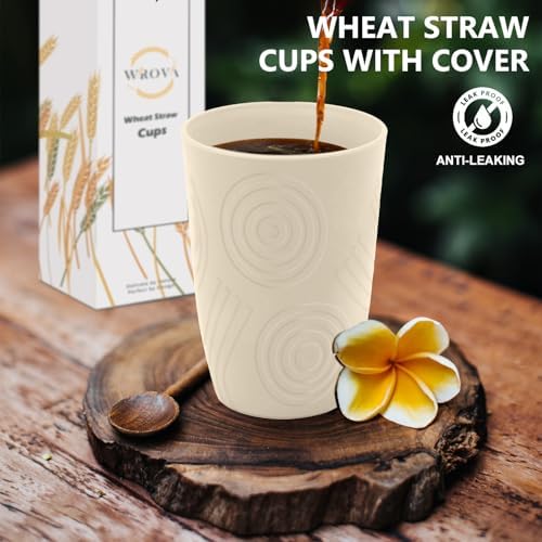 Wrova Wheat Straw Cups with Silicone Covers 16oz Set of 6 - Alternative Plastic Cups Microwave & Dishwasher Safe - Plastic Drinking Cups Unbreakable for Kids - Beige - Image 5
