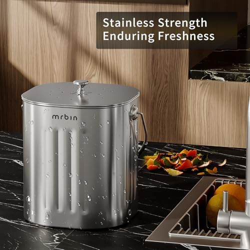 MRBIN Kitchen Compost Bin, Stainless Steel Countertop Trash Can 1.7 Gal with Lid and Charcoal Filter, Metal Small Indoor Rubbish Dustbin for Food Waste Recycle - Image 3