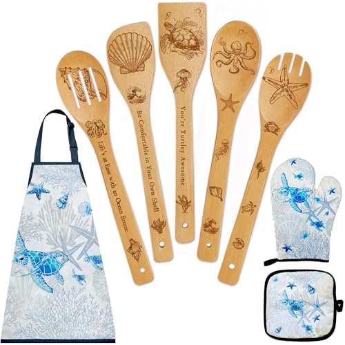 8 PCS Ocean Bamboo Kitchen Cooking Utensil Spoon Set with Apron Oven Mitt Potholder,Gift for Women Coastal Decor Beach Theme Kitchen Decorations,Sea Turtle Lovers,Housewarming,Birthday,Easter by DudjotcHome