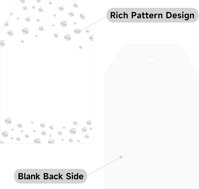 Anwyll Gift Tags with String - 100Pcs Silver Foil Confetti Polka Dot Gift Bag Tags Personalized White Blank Hanging Paper Label Tag for Birthday Party Bridal Shower Wedding Christmas Favors Present