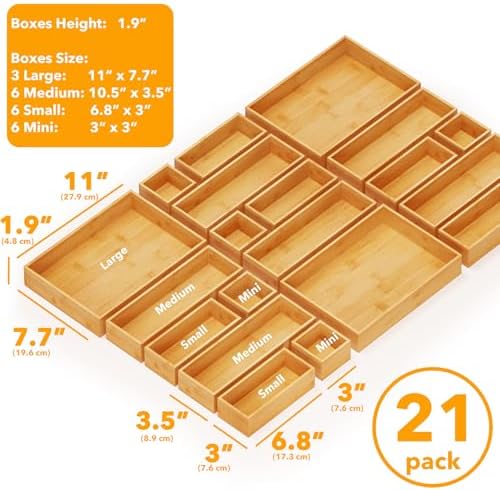SpaceAid 21-Piece Bamboo Drawer Organizer Storage Boxes Set, Wood Tray Junk Drawer Organizers Multi-Use Divider Bins for Kitchen, Bathroom, Office Desk and Makeup Organization (21 Pack, Natural) - Image 3