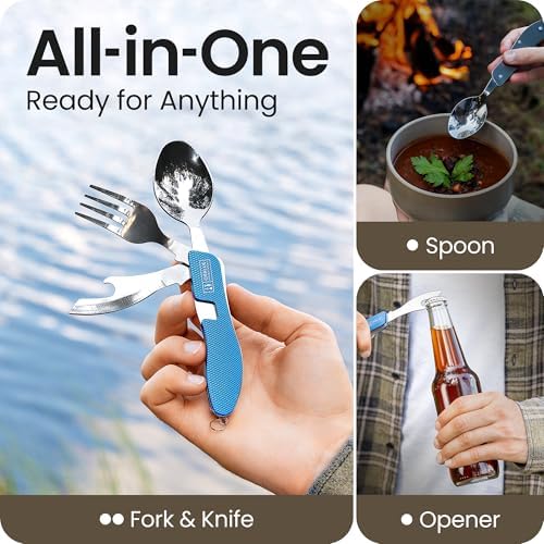 Orblue 4-in-1 Camping Utensils, 1-Pack, Portable Stainless Steel Spoon, Fork, Knife & Bottle Opener Combo Set - Travel, Backpacking Cutlery Multitool, Blue - Image 2