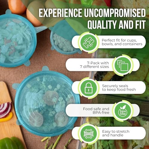 Reusable Silicone Stretch Lids for Food Storage in Fridge - Elastic Heat-Resistant Bowl Covers, Cups, Cans, Jars - Universal Food Grade Lid for Containers - 7 Pack - Blue Mist Stretchy Lid Set - Image 5