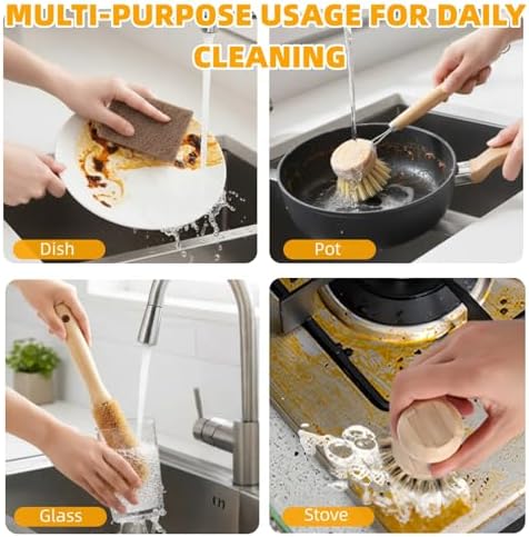 Natural Bamboo Dish Brush Set - 6 PCS Kitchen Cleaning Brush Kit with 4 Utensil Brushes and 2 Coconut Fiber Dish Sponges, for Cleaning Pots, Pans, Dishes, Bottles, Vegetables, and Fruits - Image 6
