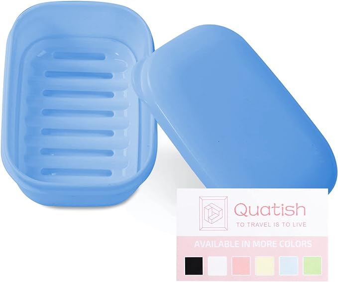 Quatish Leakproof Soap Dish with Lid & Draining Layer, Shatterproof Travel Bar Soap Holder Case Container, Portable Travel Size Toiletries Essentials for Camping, Gym, Bathroom, Denimblue