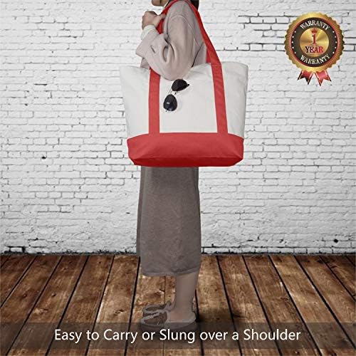 TOPDesign 6-Pack Canvas Tote Bags with an External Pocket, Reusable Grocery Shopping Bags, Top Zipper Closure, Daily Essentials (Red/Natural) - Image 2