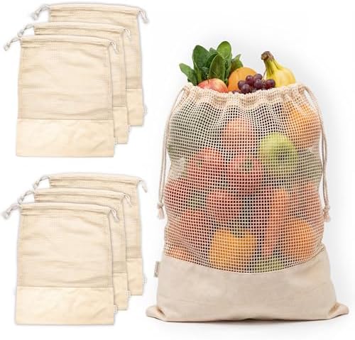 LEAFICO Reusable Produce Bags – 100% Cotton Mesh & Solid Hybrid (Medium 10x12 inch 6 Pcs) – Reusable Grocery Bags for Apples, Carrots, Bulk Vegetables – Washable, Plastic-Free, Breathable, Zero Waste by Leafico