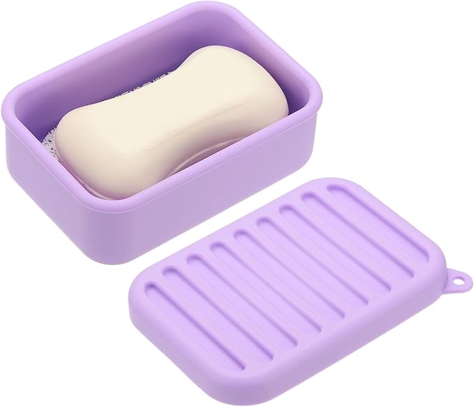 uxcell Shampoo Bar Travel Case, Silicone Leak Proof Soap Bar Case with Draining Layer Soap Container for Traveling, Bathroom, Gym, Camping(4"x2.76"x1.3", Light Purple)