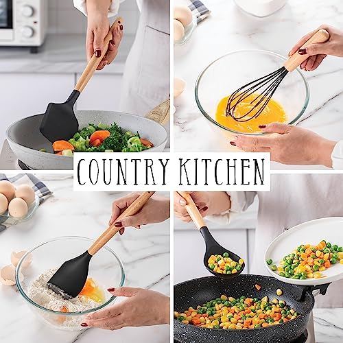 Country Kitchen Non Stick Silicone Utensil Set with Rounded Wood Handles for Cooking and Baking, 14 Piece Set, Black - Image 3