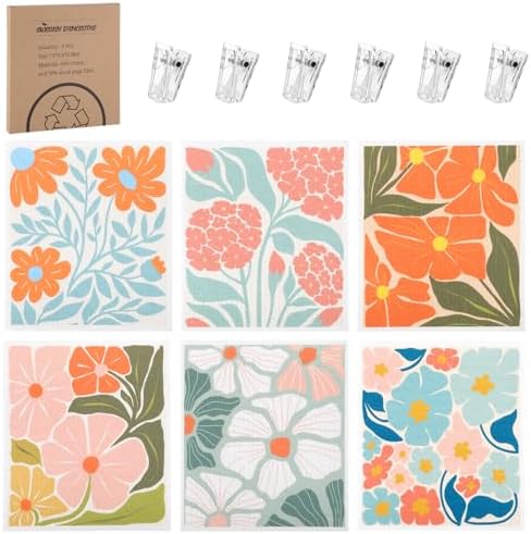6 Pack Swedish Dishcloths for Kitchen,Abstract Floral Dish Towel with Clip by Needbrock