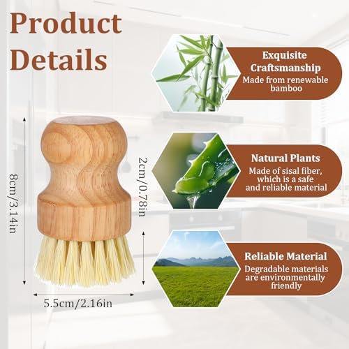 12 Pack Bamboo Scrub Brush for Dishes with Natural Sisal Bristle - Image 2